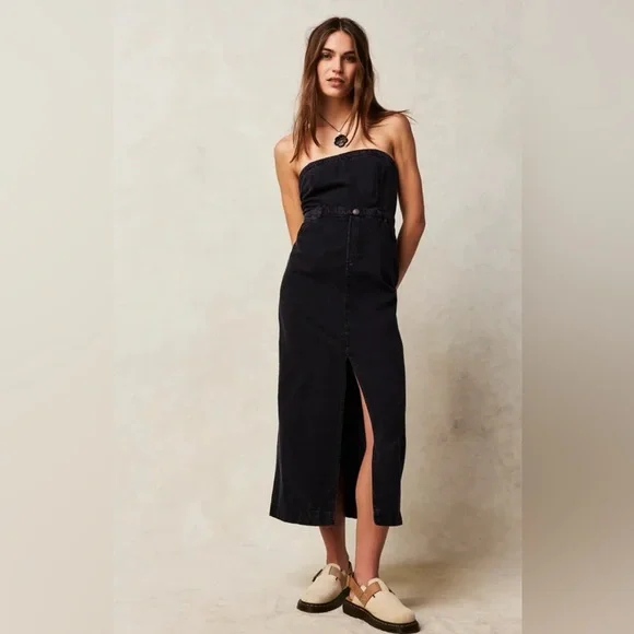 chinese dress ladies A  Line Black Denim Dress  KalvinClo